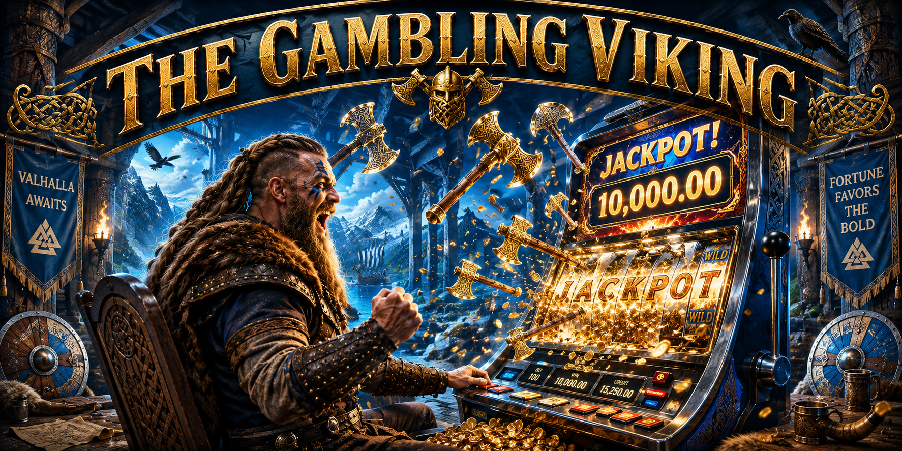 The Gambling Viking - a Viking warrior wins a jackpot on a blue and gold slot machine